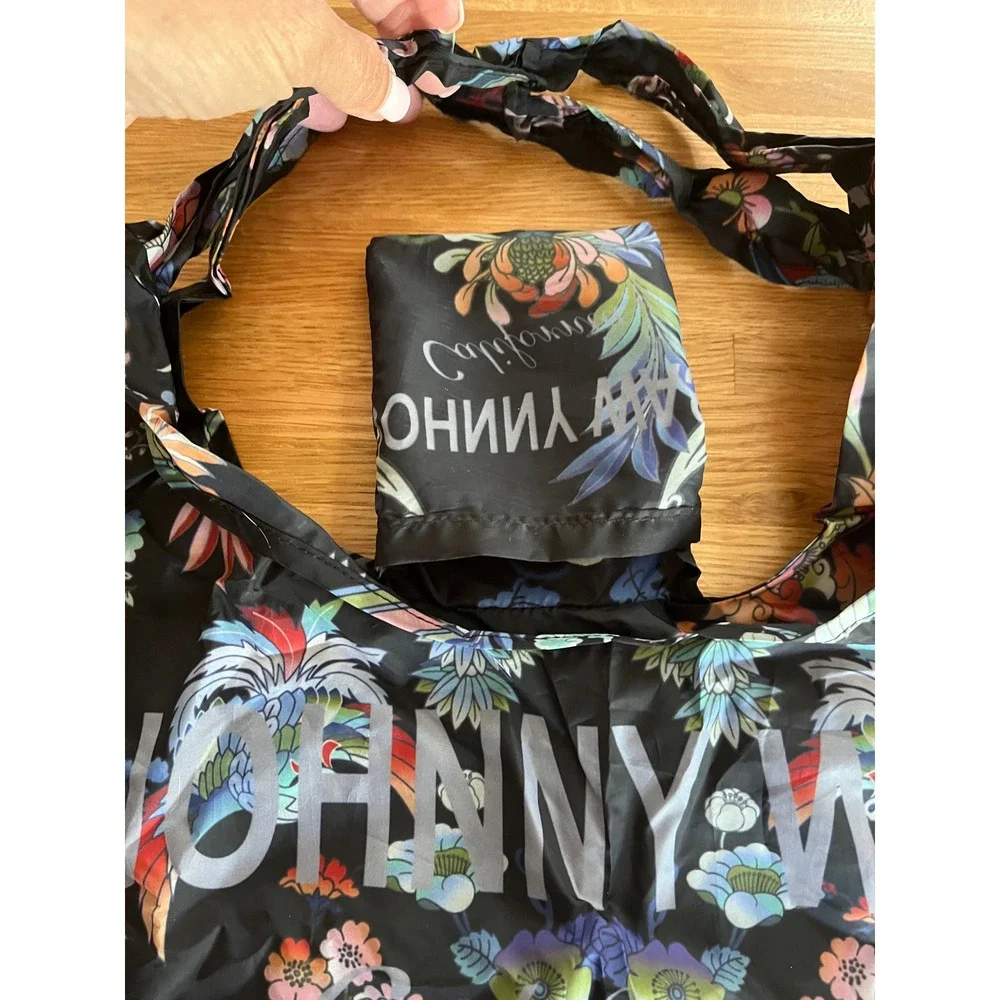 Johnny Was Packable Tote Bag Tropical Bird Floral Print Foldable Shopper Black
